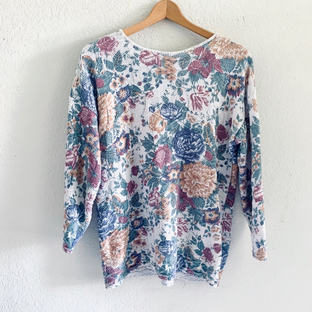 Vintage Floral Sweater Long Sleeve Pullover Top - Picture 3 of 3